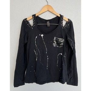 Zarga Black Metallic Silver Sleeves Embellishments blouse Top Shirt Womens XL